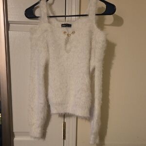 SHEIN White Fuzzy Off-Shoulder Sweater with Gold Accent